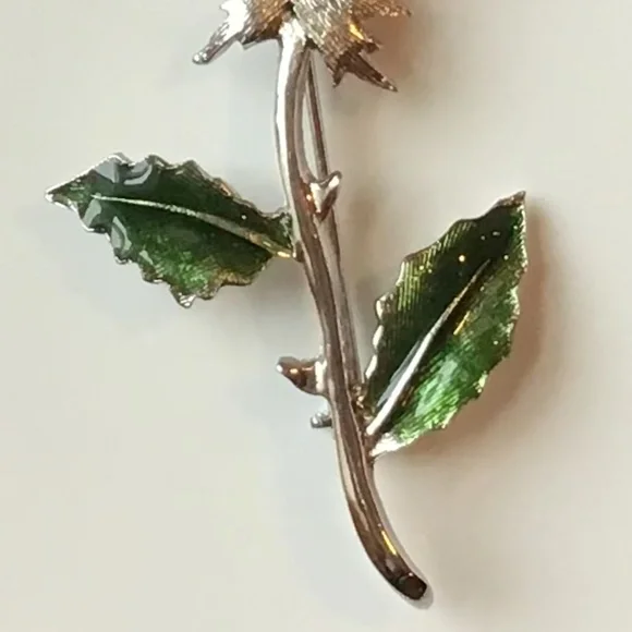 Vintage Enameled Rose Pin Flower Brooch Signed Silver Tone - Picture 8 of 10